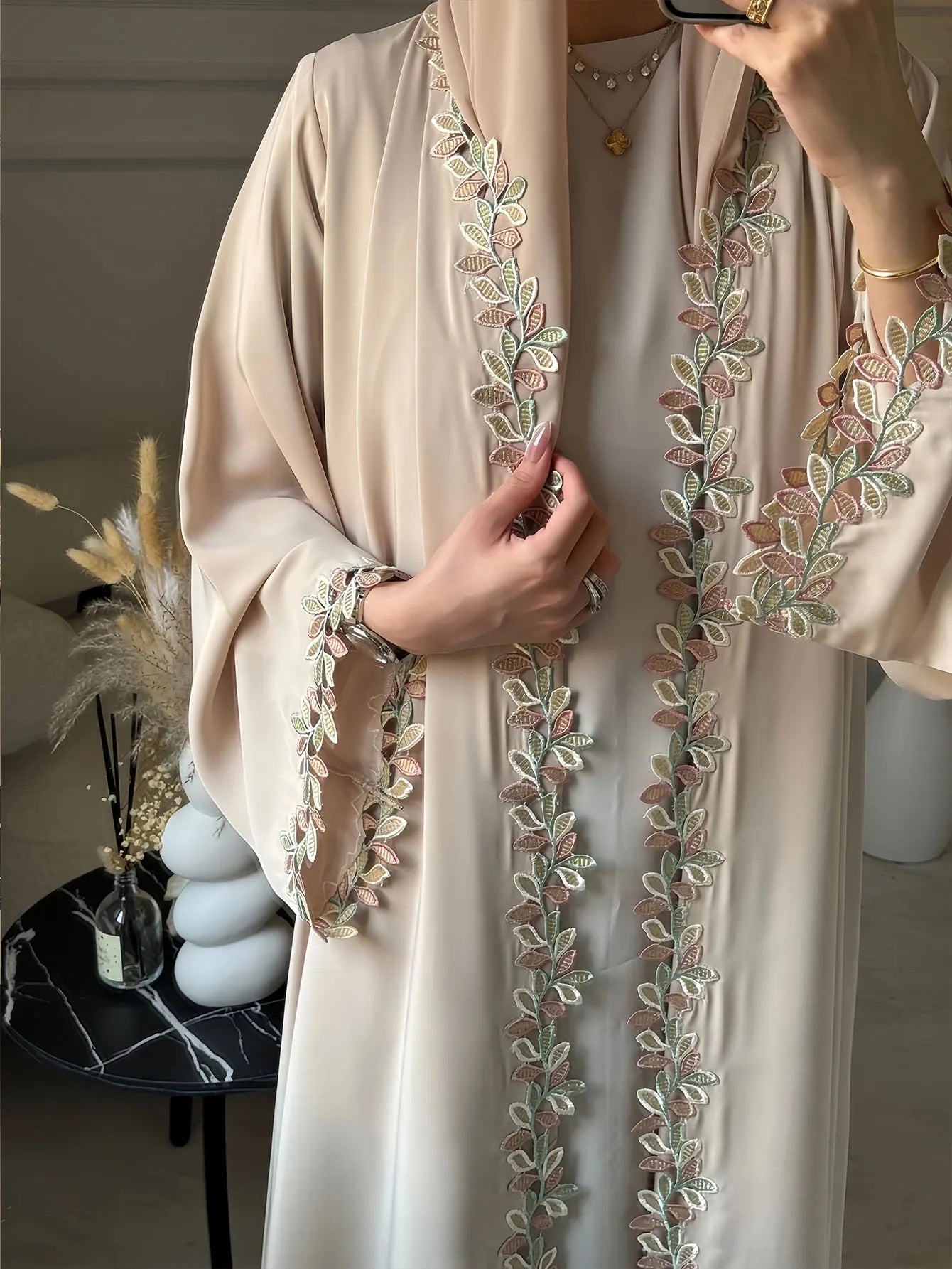 Layla - open abaya with leaf embroidery