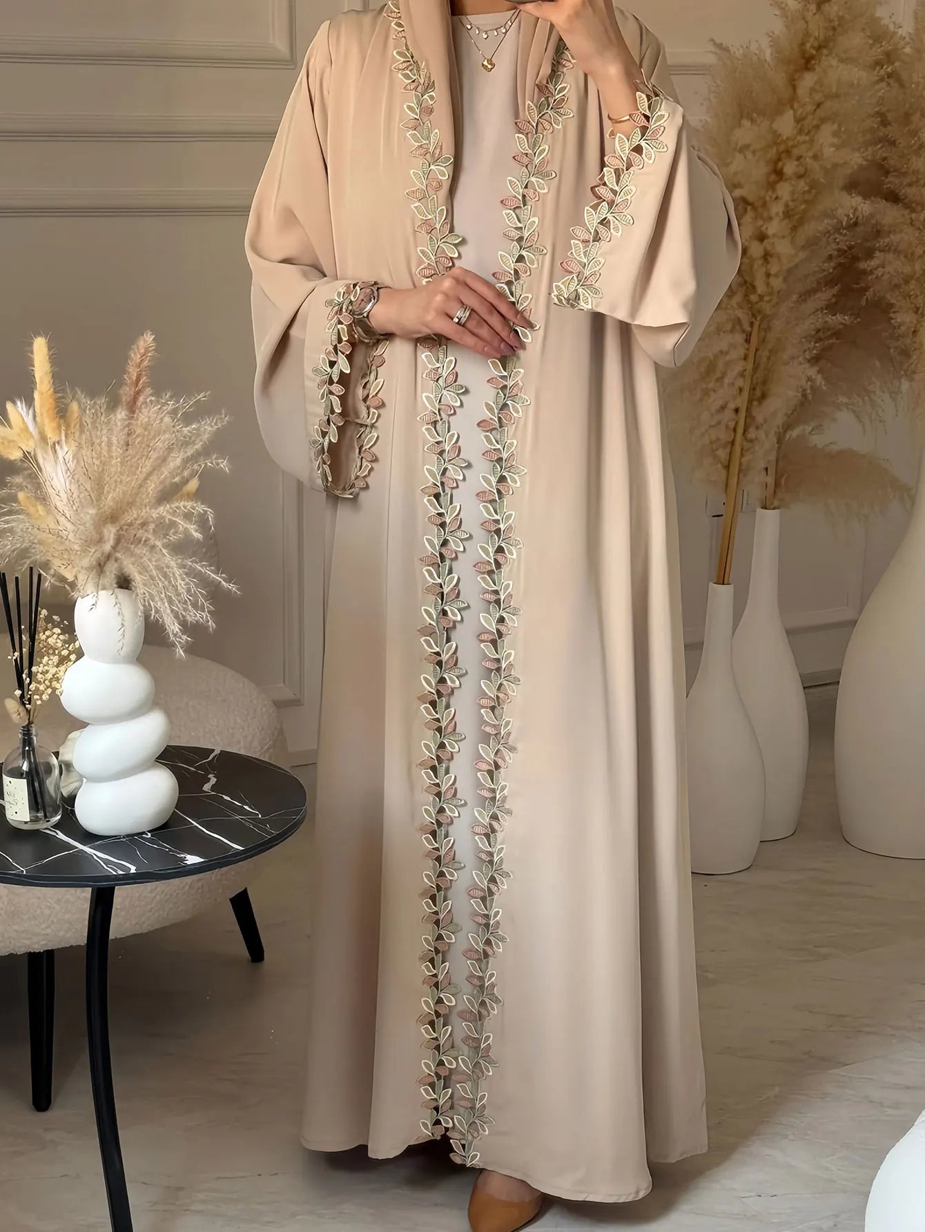 Layla - open abaya with leaf embroidery