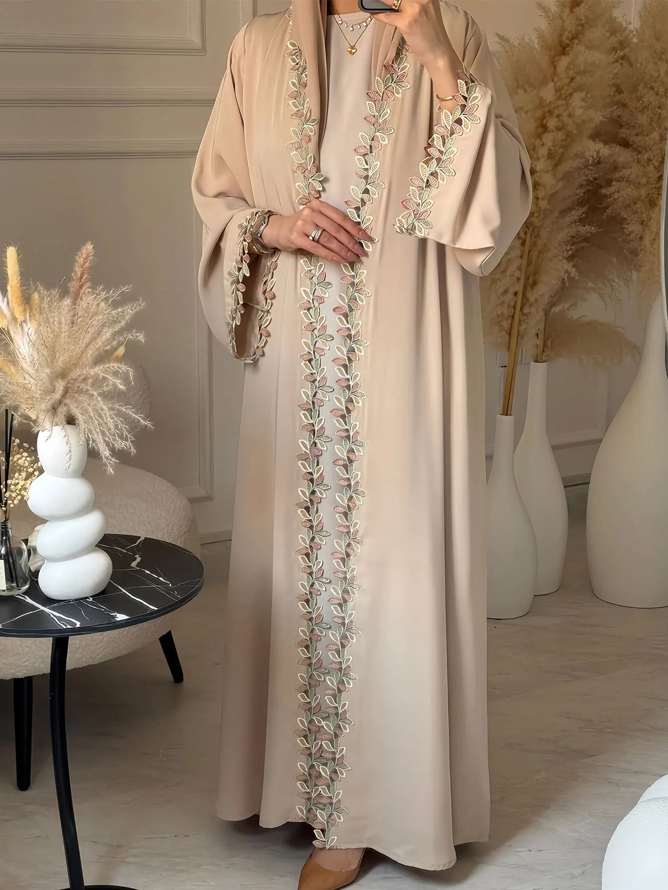 Layla - open abaya with leaf embroidery